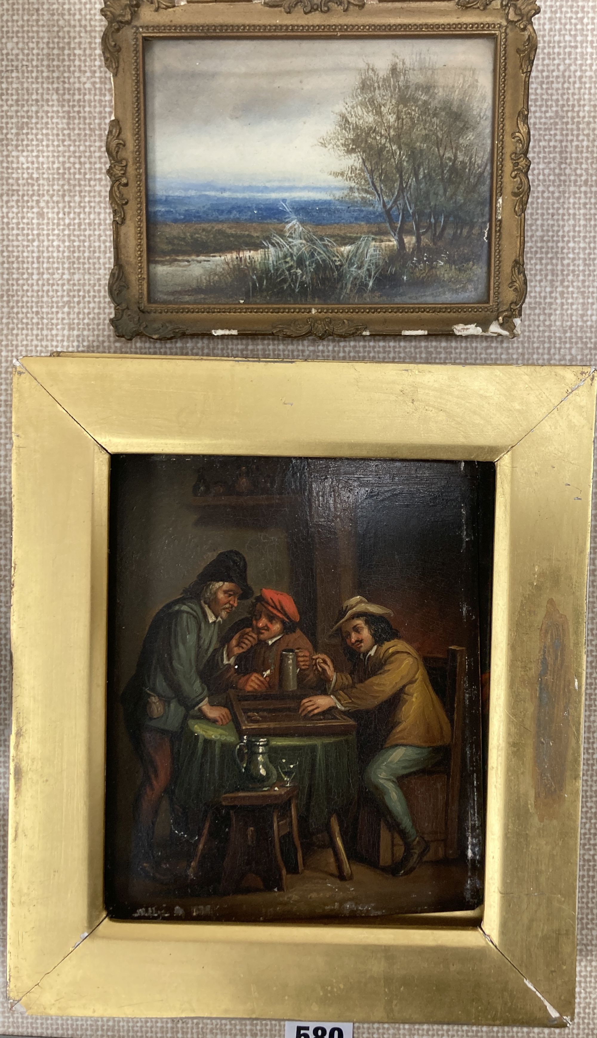 19th century German School, pair of oils on zinc, 17th interiors with figures playing games, 20 x 16cm and a small watercolour landscap